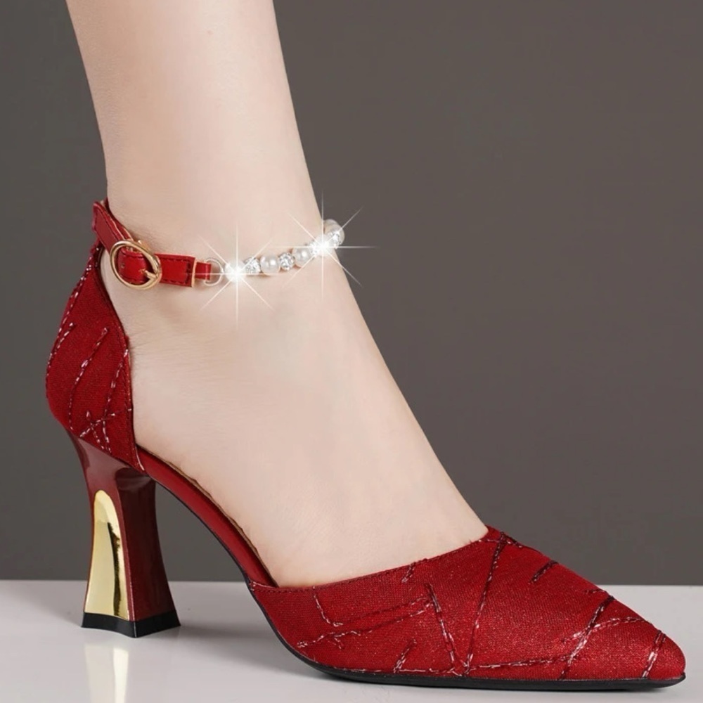 RED GOLD PEARL ANKLE STRAP FESTIVE GLITTER EMBROIDERY LUXURY HEELS valentines - Picture 4 of 4